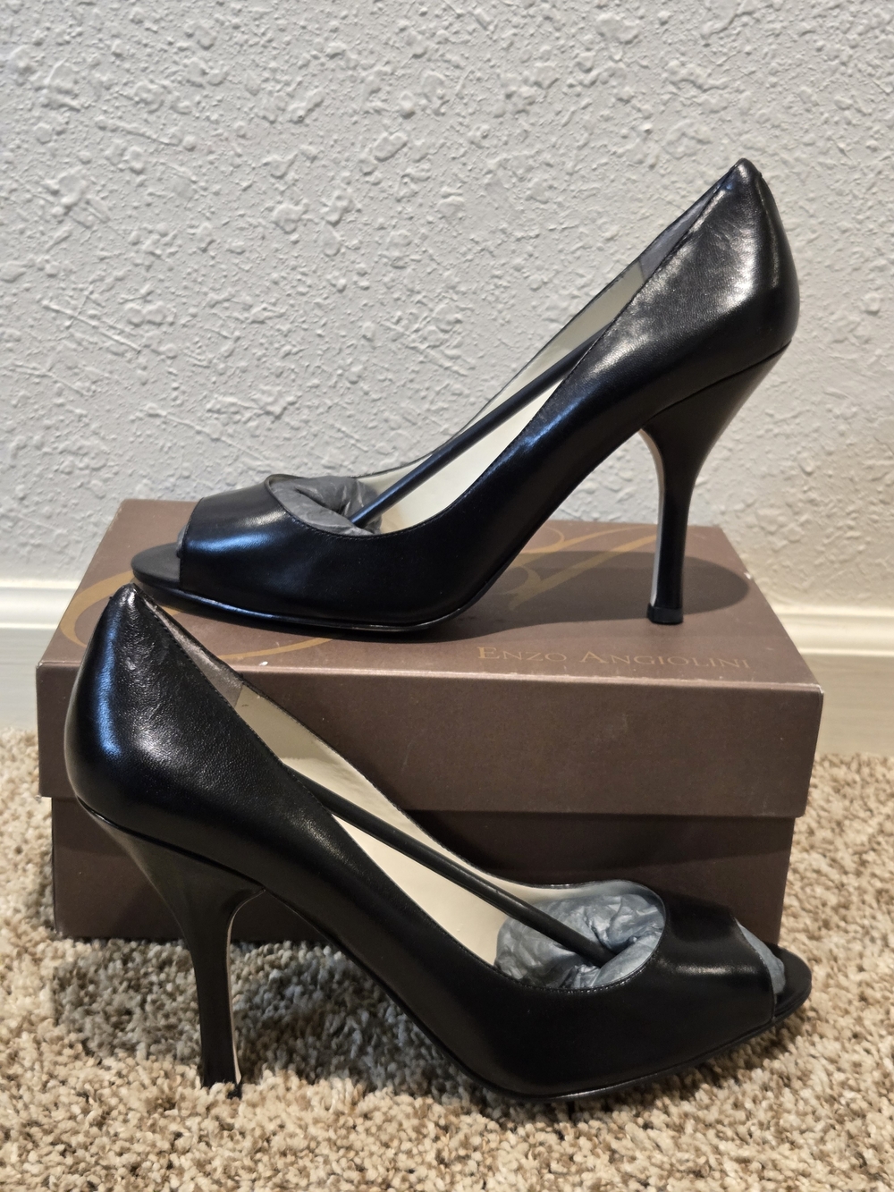 Enzo Angiolini Black Leather Peep-Toe Stilettos Sz 10